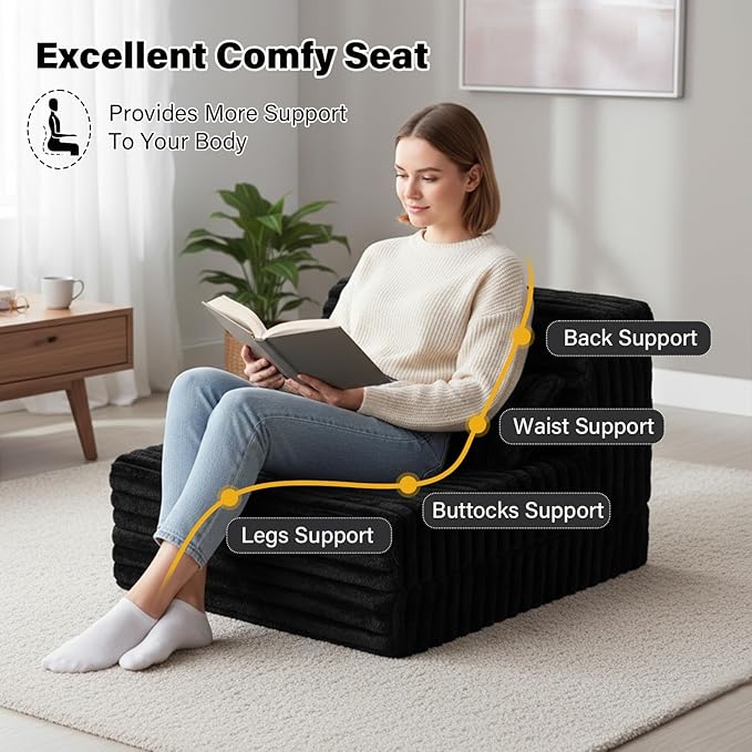 Tiita Folding Sofa Bed Single Size, Convertible Sleeper Chair Mattress with Pillow, Thick Corduroy Floor Mattress Couch Bed with Side Pocket, Guest Room, Dorm, Apartment, Black