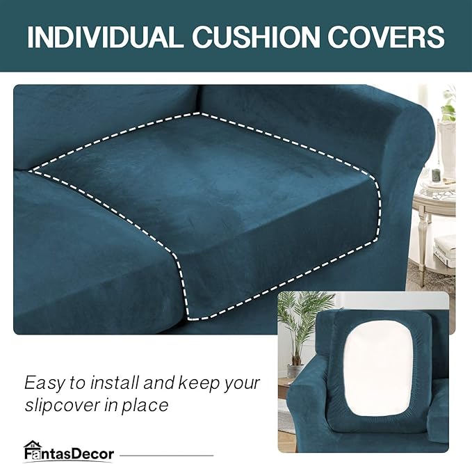 FantasDecor 4 Piece Sofa Velvet Couch Covers for 3 Cushion Stretch Slipcover with Individual Seat Cushion Elastic Furniture Protector for Pets, Machine Washable (Large Sofa, Deep Teal)