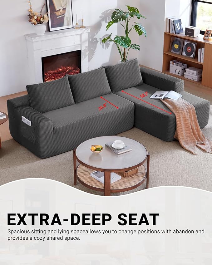 97" Cloud Sectional Couch,Modern Modular Sectional Sofa with Deep Seat,Corduroy Boneless Couches with L-Shape Chaise for Living Room Bedroom,No Assembly Required (Grey, 97" Right Facing Chaise)