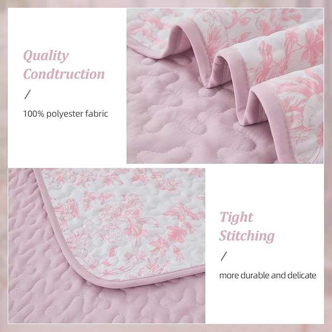 WONGS BEDDING Quilt King Size, Pink Quilt Bedding Set with 2 Pillowcases, Botanical Quilt for King Bed, Soft Microfiber Lightweight Coverlet Bedspread for All Season (110"×90", 3 Pieces)