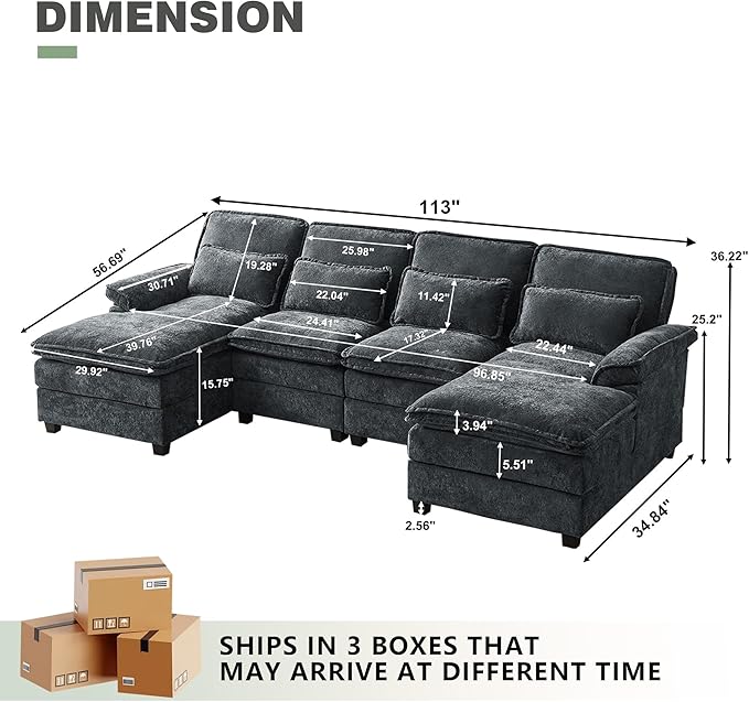 112" Modular Sectional Sofa, U Shaped Comfy Cloud Couch with Double Chaise and Padded Armrests, Modern Deep Seat Sectional Couches for Living Room, Apartment, Office, Dark Grey