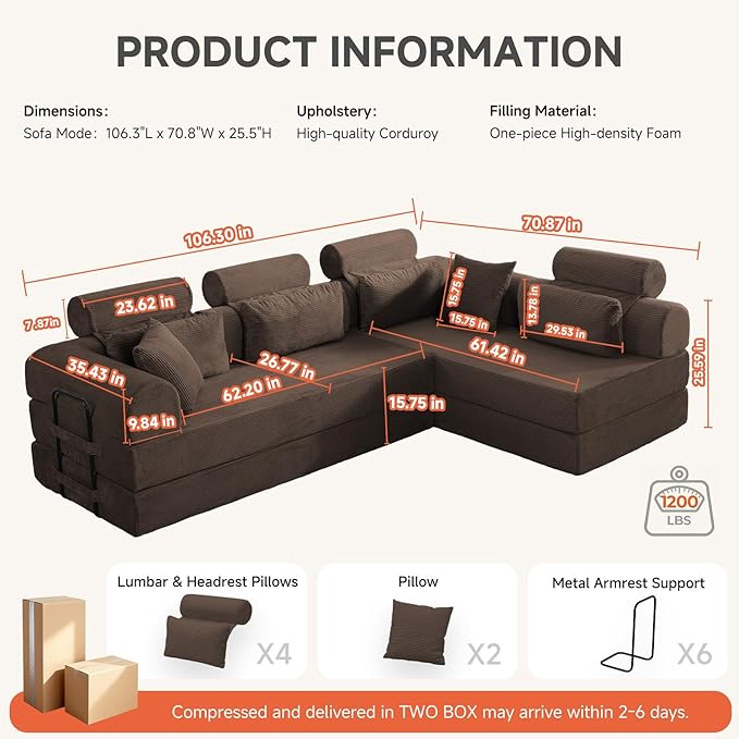 106" L-Shaped Boneless Sectional Couch, 2-Piece 70.87" Modules, Converts to 141.7" Extra-Long Straight Sofa, Corduroy Couch in a Box with Headrest & Back Pillows for Living Room, Brown