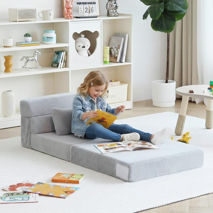 Tiita Convertible Folding Kids Sofa Bed with Pillow & Storage Bag, Plush Fabric Floor Mattress Couch Bed, Washable Cover, Kids Room, Playroom, Dorm, Apartment, White Grey