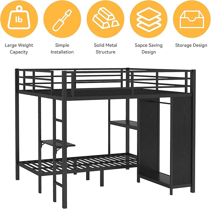 Bunk Bed Frame with Built-in Wardrobe King Over Twin XL Size, Metal Loft Bed with Foldable Desk and Storage Shelf, Black Bunk Beds King Size for Adults Teen Kids, No Box Spring Needed