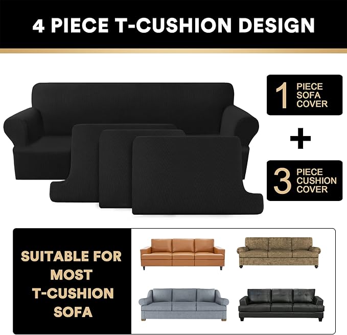 PrinceDeco T Cushion Sofa Slipcover 4 Pieces Sofa Covers for T Cushion Couch Soft Sofa Slip Covers Furniture Protector with 3 Individual T Shape Seat Covers (70"-88") Washable, Black