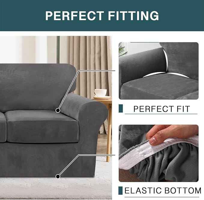 FantasDecor 4 Piece Sofa Velvet Couch Covers for 3 Cushion Stretch Slipcover with Individual Seat Cushion Elastic Furniture Protector for Pets, Machine Washable (Large Sofa, Gray)