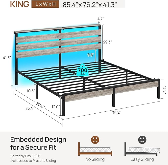 Rolanstar King Size Bed Frame with LED Lights and Charging Station, Wood Storage Headboard and Under Bed Storage, Metal Platform, Noise Free, No Box Spring Needed, Balck Oak
