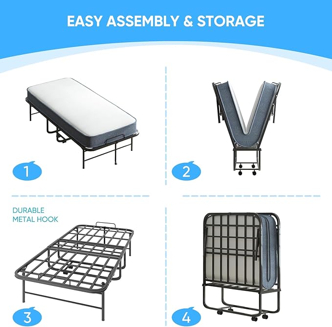 Mjkone Rollaway Bed with Mattress, 5 Inch Folding Bed for Adults, Fold Up Beds with Lockable Wheels, Sturdy Metal Fold Away Frame for Bedroom/Guest, Space Saving（75" x 38"）