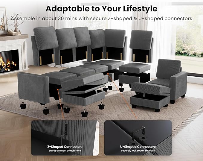 CHIC HOUSE Modular Corner Sectional Sofa with Storage, Corduroy L-Shaped Couch, Compact Small Space Furniture for Living Room & Apartment (Dark Grey, 5 Seater L-Shaped)
