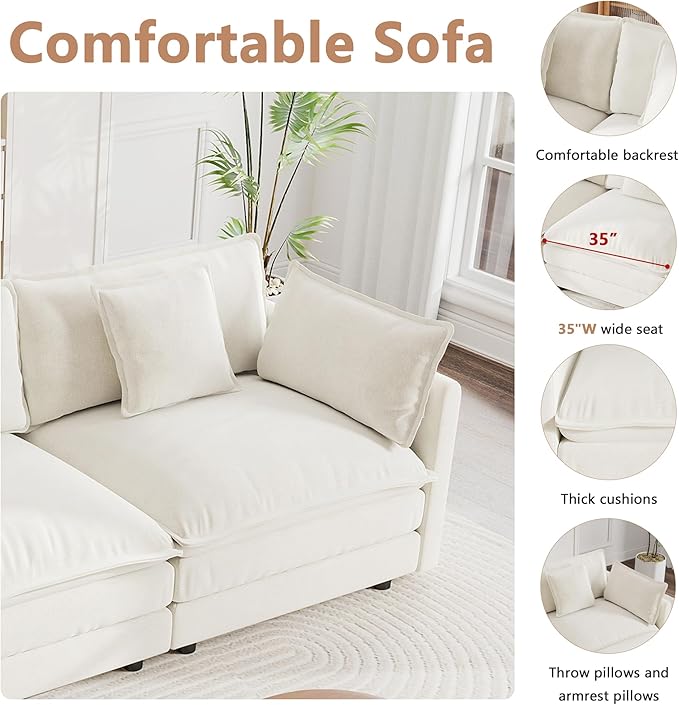 mikibama Modular Sectional Sofa, 111.5 Inch U Shaped Couch Set for Living Room, 3-Seater Comfy Cloud Couches with Movable Ottoman, DIY Combination, Chenille, Beige