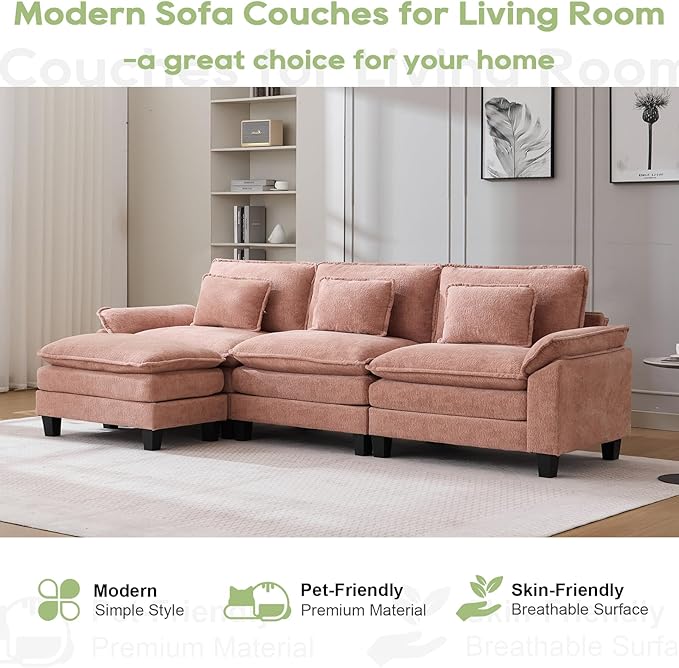 120" Modular Sectional Sofa, Comfy Cloud Couch Sectional Sofa with Ottoman, Chenille Sofa Sleeper Deep Seat Sofa with Throw Pillows for Living Room (Pink, 120"- L Shape)