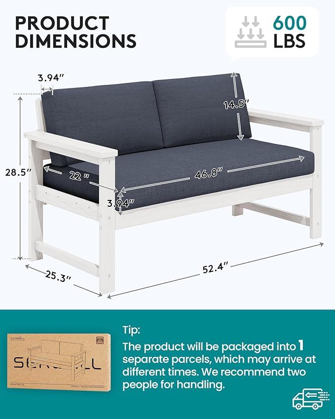 SERWALL HDPE Outdoor Loveseat with Cushions, All Weather Use Outdoor Loveseat Sofa, White Frame/Grey Cushion