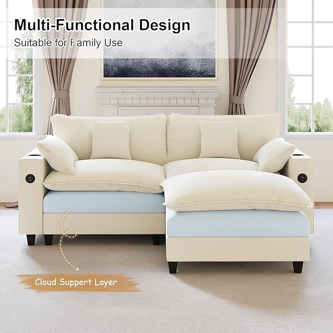 80.7" Modular Sectional Sofa, L Shaped Cloud Couch with Movable Ottoman, Chenille Deep Seat Cloud Sofa with Charging Station, Cup Holder, Side Pocket, Sectional Couches for Living Room, Beige