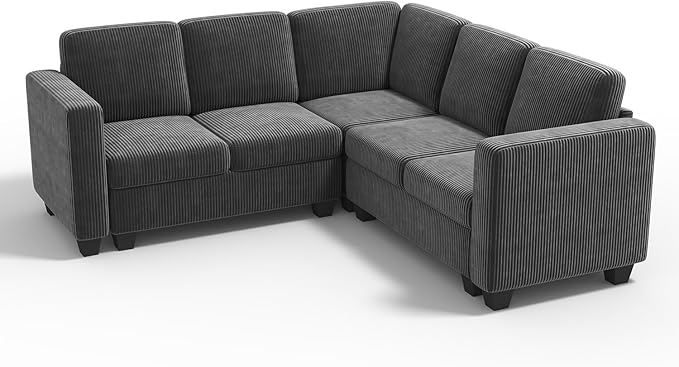 CHIC HOUSE Modular Corner Sectional Sofa with Storage, Corduroy L-Shaped Couch, Compact Small Space Furniture for Living Room & Apartment (Dark Grey, 5 Seater L-Shaped)