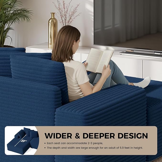 111'' Modular Sectional Cloud Couches with Chaise, L Shaped Large Sleeper Couch Fluffy Corduroy with 8pcs Pillows for Living Room(Blue Left Facing Chaise)