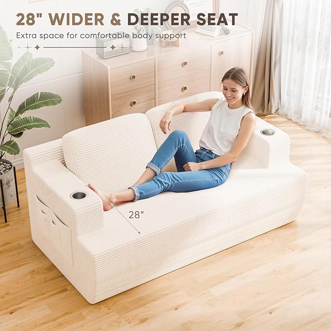 Homall 67” Cloud Couch Sofa 2 Seater Comfy Upholstered Loveseat Floor Sofa with High Density Memory Foam, No Assembly Required, Boneless Couch for Bedroom Living Room (White, Loveseat)