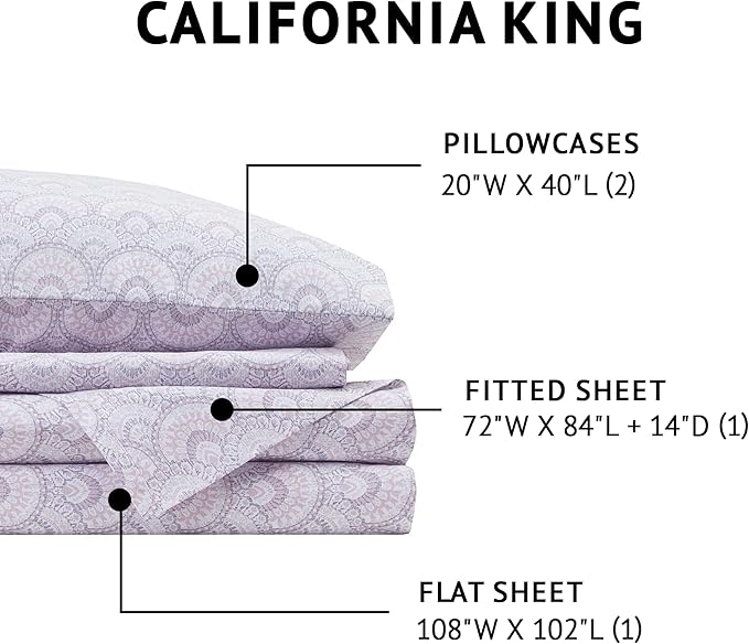 Comfort Spaces 100% Cotton Sheet Set Breathable, Lightweight, Soft with 14" Elastic Pocket Fits up to 16" Mattress, All Season Cozy Bedding, Matching Pillow Case, Cal King Tabitha Purple 4 Piece