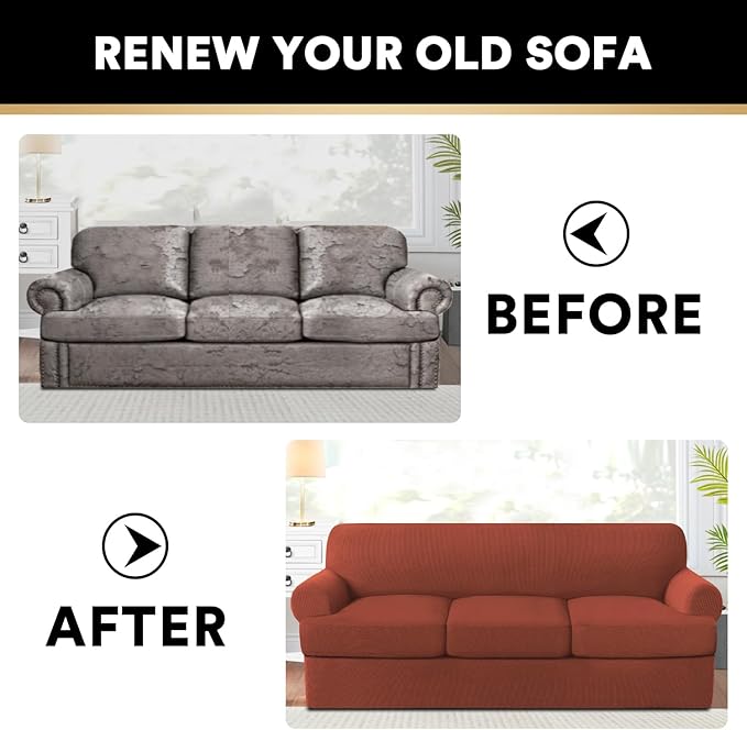 PrinceDeco T Cushion Sofa Slipcover 4 Pieces Sofa Covers for T Cushion Couch Soft Sofa Slip Covers Furniture Protector with 3 Individual T Shape Seat Covers Width Up to 88", Rust