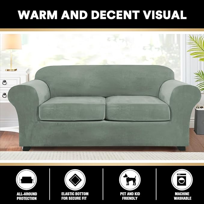 PrinceDeco Couch Cover Velvet Plush Sofa Covers for 2 Cushion Couch Width Up to 90 Inch Washable Furniture Protector Pet Friendly No Slip Sofa Slipcover(Medium-Large, Seagrass)