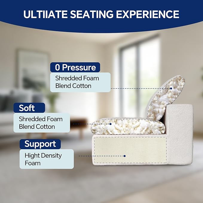 109’’ Cloud Couch for Living Room, Boneless Modular Sectional Sofa U-Shape with Ottoman Washable Cushion Cover, No Assembly Required, White (3-Seat + 2 Ottoman)