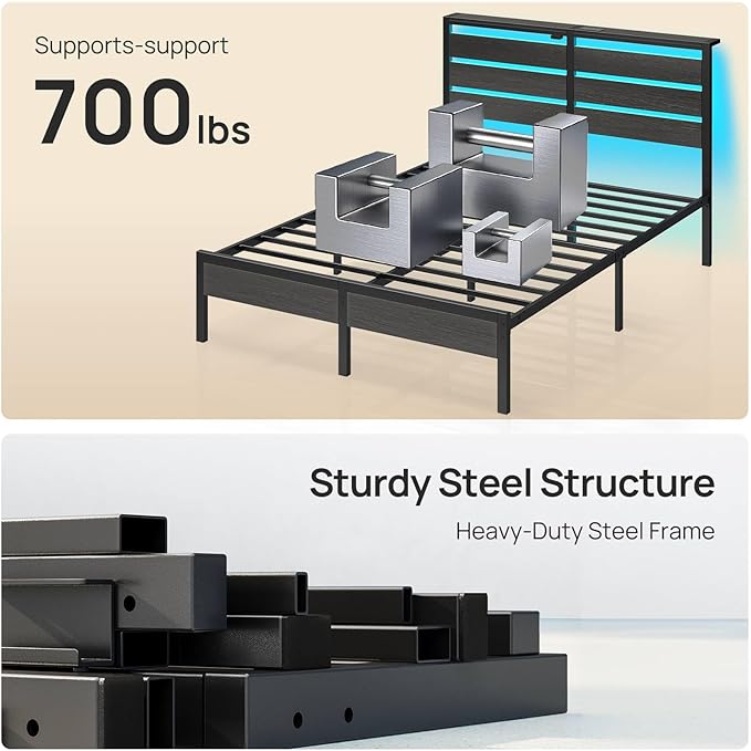 Rolanstar Queen Bed Frame with LED Lights and Charging Station, Wood Storage Headboard and Under Bed Storage, Metal Platform, Noise Free, No Box Spring Needed, Balck Oak