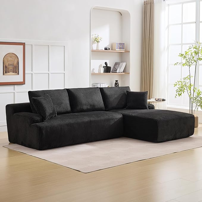 Sectional Cloud Boneless Couch 106" Modern Comfy L-Shape Corner No Assembly Required Convertible Compression Sleeper Modular Sofa with Corduroy Fabric Deep Seat Loveseat + Chaise for Living Room
