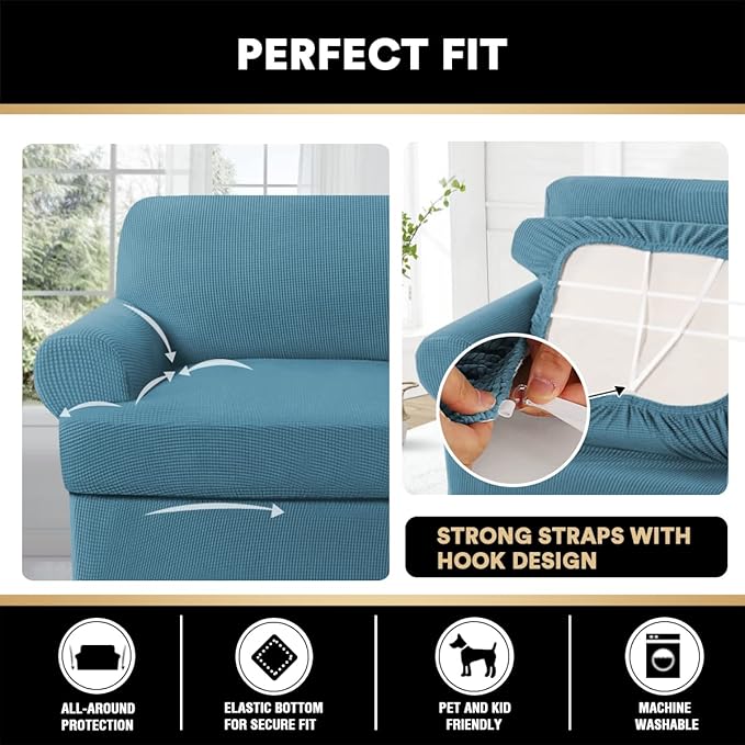 PrinceDeco 2 Pieces T Cushion Sofa Slipcovers Stretch Couch Covers for T Cushion Chair Slipcover Soft Arm Chiar Cover with 1 Individual T Shape Seat Covers Width Up to 40"- Storm Blue