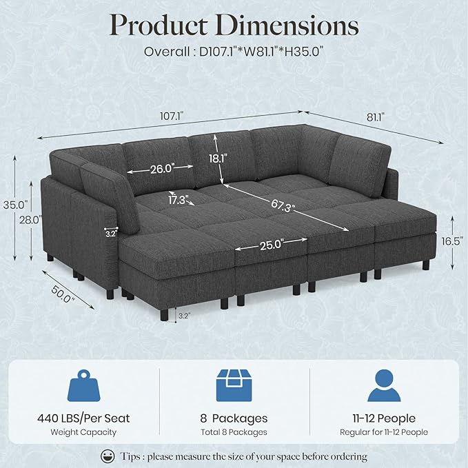 Belffin 110.2" 12 Seats Modular Sectional Sofa Sleeper Sofa Big Washable Sectional Couches for Living Room Comfy Couches with Storage Seat Couch Sofas with Chaise,Dark Grey