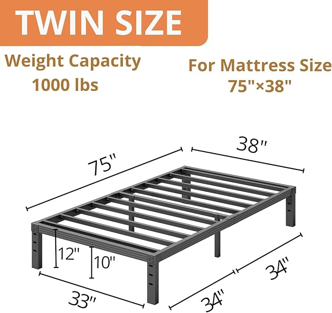 ZIYOO Twin Bed Frames, 12 Inches Platform Bed Frame, 2000lbs Heavy Duty Steel Slat, Non-Slip Design, No Box Spring Needed, Easy Assembly, Quiet Noise Free, Under Bed Storage Space, Black