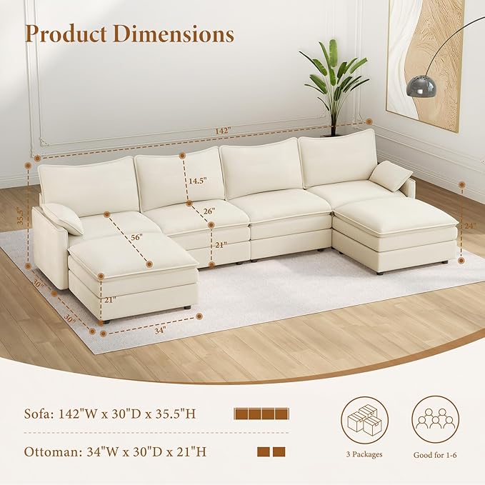 Vesgantti 142" U Shaped Sectional Couch, Comfy Cloud Modular Sectional Sofa with 2 Ottoman Deep Seat Chenille Modern Cloud Sofa, Modular Sofas for Living Room, Bedroom and Apartment, Snow White