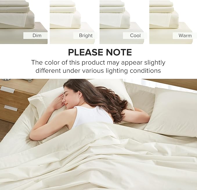 Comfort Spaces 100% Cotton Sheets Cal King, Breathable & Soft Cotton Sheets, Naturally Cool Cotton Bed Sheets with 14" Elastic Pocket Fits up to 16" Mattress, All Season Sheet Set, Ivory 4 Piece