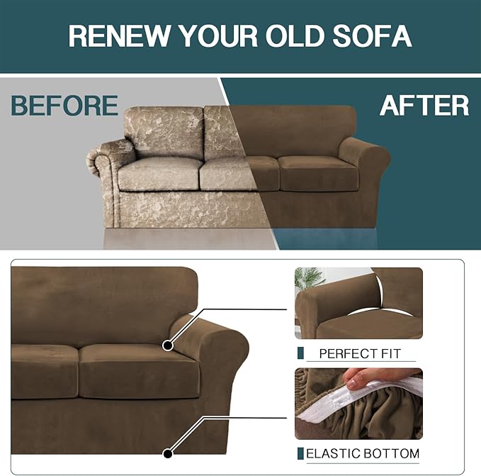 FantasDecor 2 Piece Chair Sofa Covers Velvet for Living Room Slipcovers with Individual Cushion Elastic Furniture Protector for Pets, Machine Washable (Armchair, Bronze Brown)