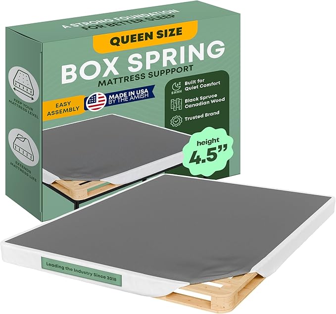 Greaton, 4.5” Queen Box Spring Only for Queen Size Bed – Amish-Made in The USA – Solid Wood Mattress Foundation with Stable & Quiet Support – Flat-Packed & Easy Assembly