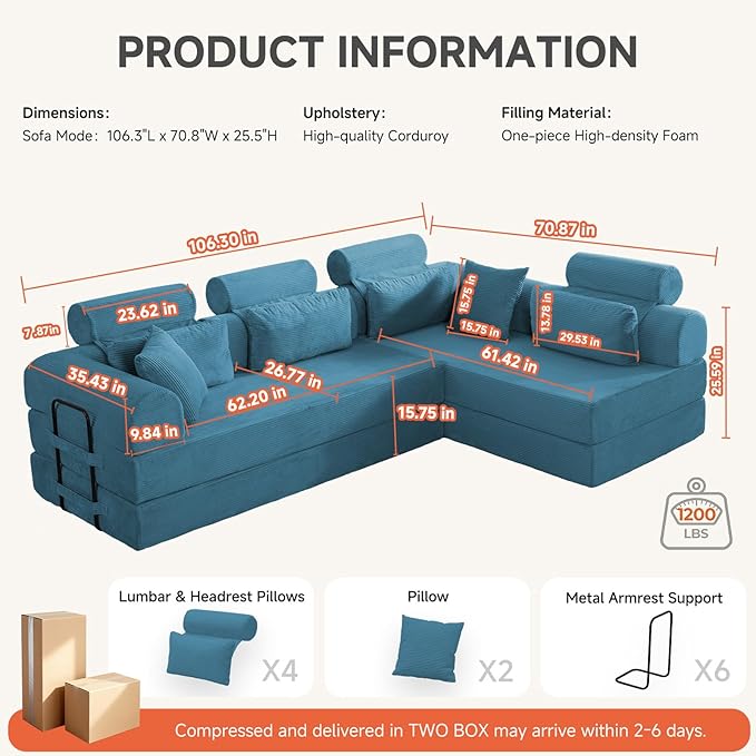 Boneless Sectional for Small Spaces, 106” L Shaped Couch From Two 70.87” Modules, Reconfigures to 141.7” Straight Sofa, Corduroy Compressed Couch in a Box With Headrest Back Pillows, Light Blue