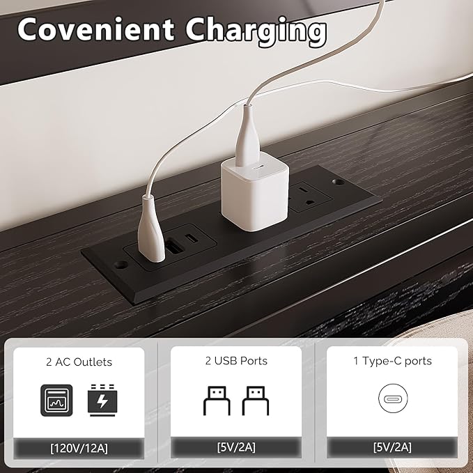 VINGLI Metal Bed Frame King with 4 Drawers and Storage Headboard, Platform with Charging Station and LED Lights, No Box Spring Needed, Noise Free, Easy Assembly, Black