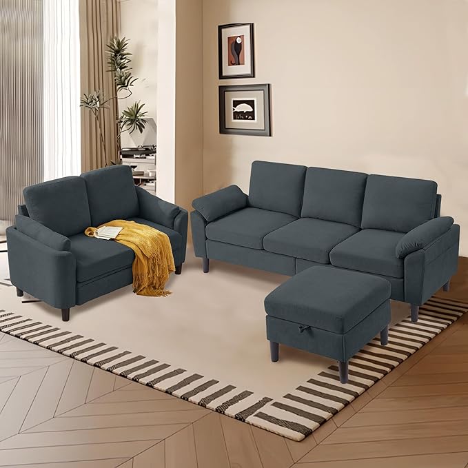 80" Convertible Sectional Sofa Set, Modern Linen Small L Shaped Couch with Reversible Chaise and Loveseat Sofa, 3-Seat Sofa Couches for Living Room, Office, Apartment, Dark Grey