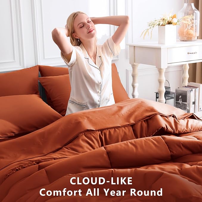CozyLux Full Size Comforter Sets Terracotta, 7 Pieces Bed in a Bag, Burnt Orange Fall Comforter Full Size, All Season Bedding Sets with Stitch Quilted Comforter, Flat Sheet, Fitted Sheet, Pillowcases