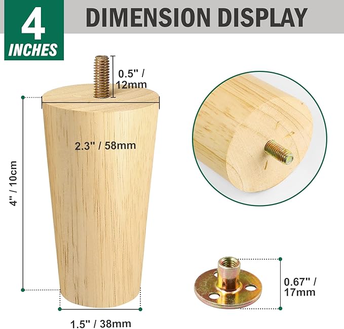 FoDau770 Rubber Wood Furniture Legs 4 Inches, Straight Tapered Wood Feet Mid Century Sofa Legs Set of 4, 5/16" UNC Furniture Feet Replacement Parts for Cabinet Couch Dresser Chair Ottoman Table