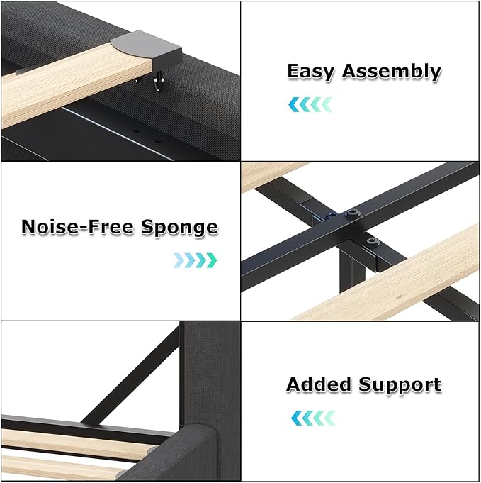 busyaeh Queen Bed Frame with Storage Headboard, Metal Bed Frame with LED Lights & Charging Station, Upholstered Queen Bed with Marshmallow Headboard, No Box Spring Needed, Easy Assembly，Dark Gray
