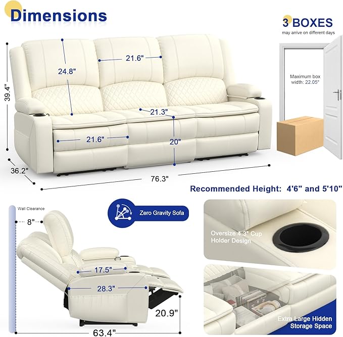 3+1+1 Manual Recliner Sofa, Maximum Load Capacity 2250lbs & Ergonomics Design, Multi-Functional Middle Seat & Home Theater Seating with Removable Armrest and Storage for RV Living Room(PU,White)