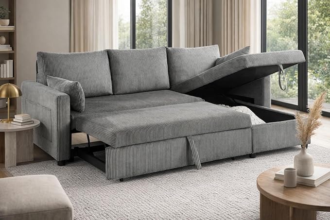 Sectional Sleeper Sofa with Pull Out Bed, LShape Convertible Sofa Bed Couch with Storage Chaise, 3 in 1 Pull Out Sofa Bed with 3 Seats, for Living Room,Apartment, Gray, 85Inch