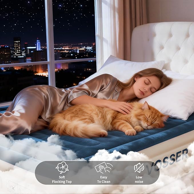 VOSSER Queen Air Mattress with Built-in Pump,Fast & Easy Inflation/Deflation Inflatable Mattress, Foldable Blow Up Mattress with Storage Bag, Inflatable Bed for Home, Camping & Guests