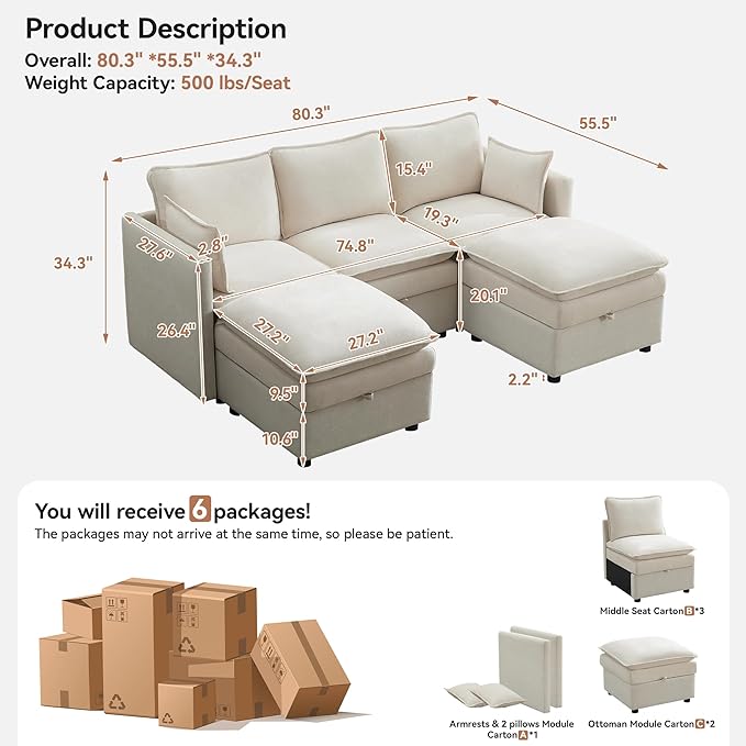 80" Cloud Modular 3 Seater Sofa with 2 Storage Ottoman, Modern Upholstered Storage Sofa Couch Deep Seat, U Shape Sectional Sofa Chenille Comfy Couch with Armrests for Living Room, Small Space, Beige | Modular Sofa, Storage Ottoman, Upholstered Sofa, Se...