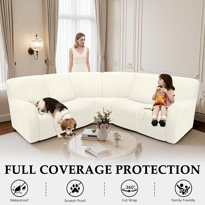 Waterproof Reclining Sectional Couch Covers Washable L Shaped Couch Cover for Sectionals Recliner Sofa Covers Stretch Corner Recliner Slipcovers for Dogs (5 Seater Cover, Cream)