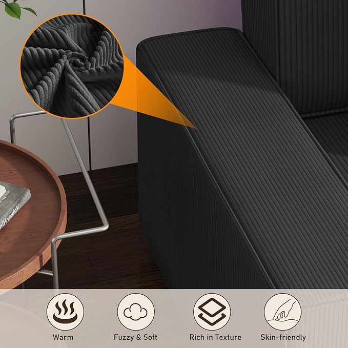 GAOMON Fine Stripe Corduroy Sectional Sofa, l Shaped Modern Corduroy Couch, Comfy Sofa Couch with Deep Chaise for Living Room, Apartment, Hotel, 96" w*61" d*32" h, Black