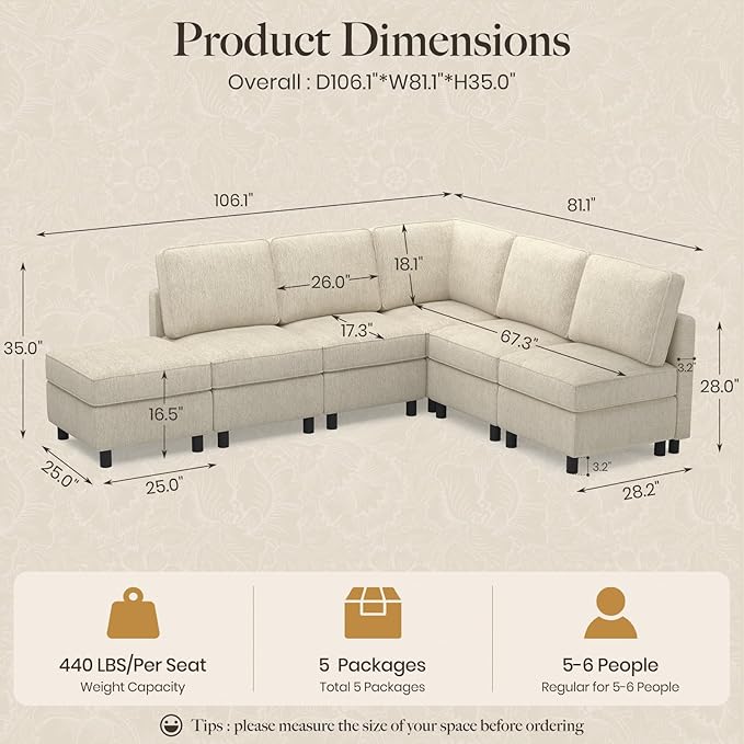 Belffin 107.1" 6 Seats L Shaped Couch Modular Sectional Sofa Seat Couch with Storage Comfy Washable Sectional Couches for Living Room Sofas with Chaise,Beige