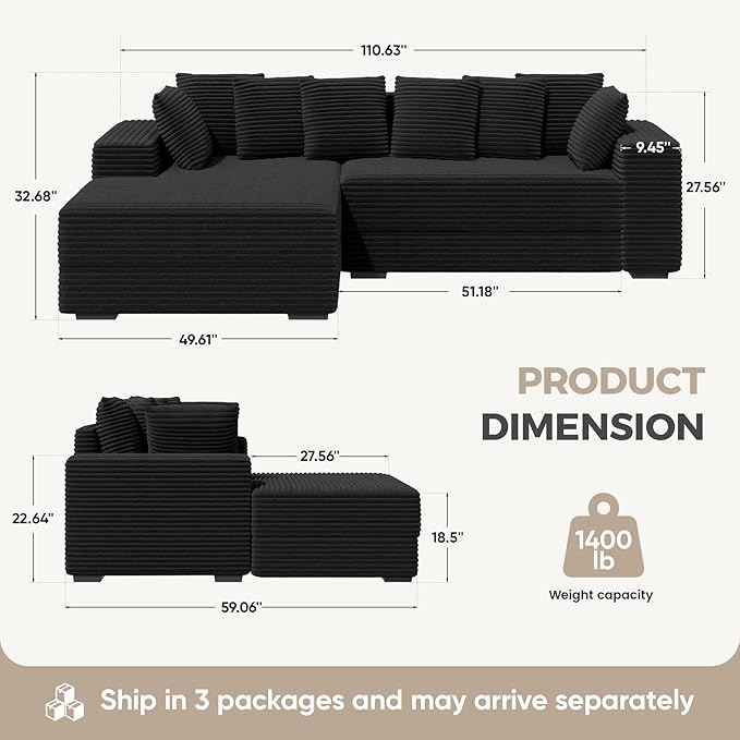 111'' Modular Sectional Cloud Couches with Chaise, L Shaped Extra Large Sleeper Couch Reversible Fluffy Corduroy with 8pcs Pillows for Living Room(Black Left Facing Chaise)