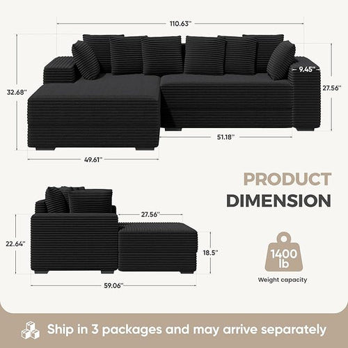 111'' Modular Sectional Cloud Couches with Chaise, L Shaped Extra Large Sleeper Couch Reversible Fluffy Corduroy with 8pcs Pillows for Living Room(Black Left Facing Chaise)