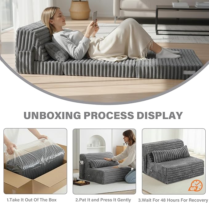 Tiita Folding Sofa Bed Single Size, Convertible Sleeper Chair Mattress with Pillow, Thick Corduroy Floor Mattress Couch Bed with Side Pocket, Guest Room, Dorm, Apartment, Grey