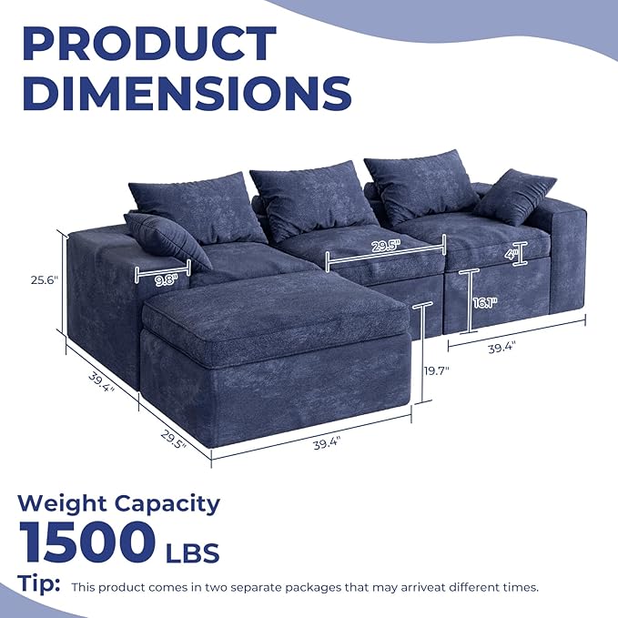 108 Inch Cloud Sectional Couch, Modular Sectional Sofa with Deep Seat, Convertible L-Shape Couch with Ottoman, 3 Seater Cloud Couches for Living Room, No Assembly Required (Blue)